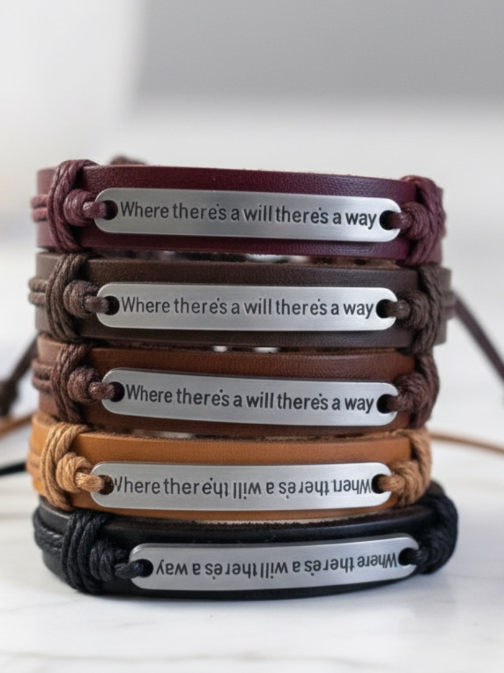 Leather Cord UniSex Adjustable Bracelets  "Where there's a will there's a way"